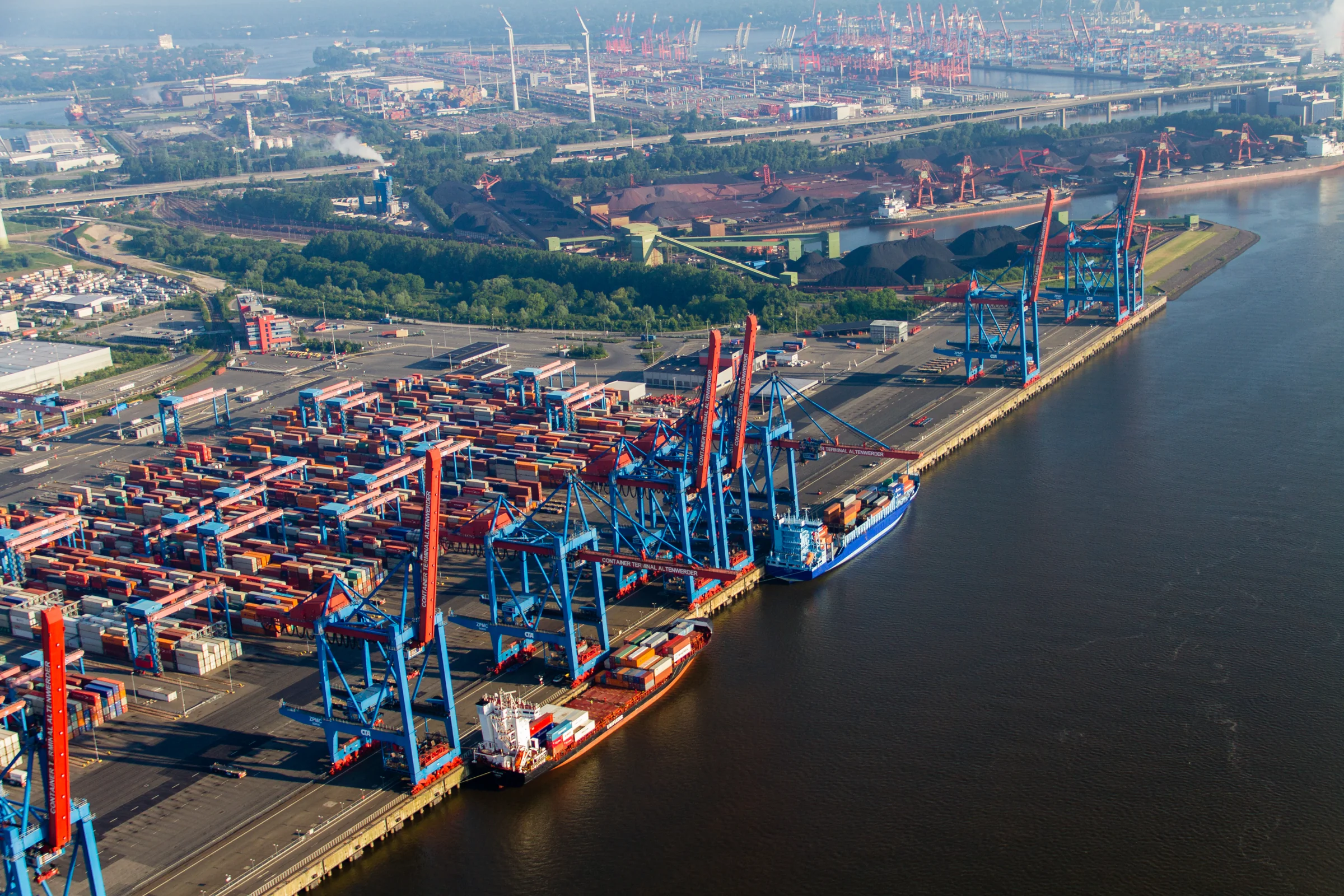 Aerial view of a container port connecting land and sea